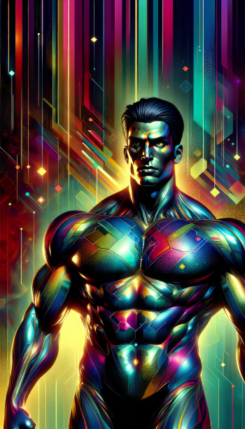 Colorful futuristic 'Giga Chad' illustration wallpaper for phones with neon accents.