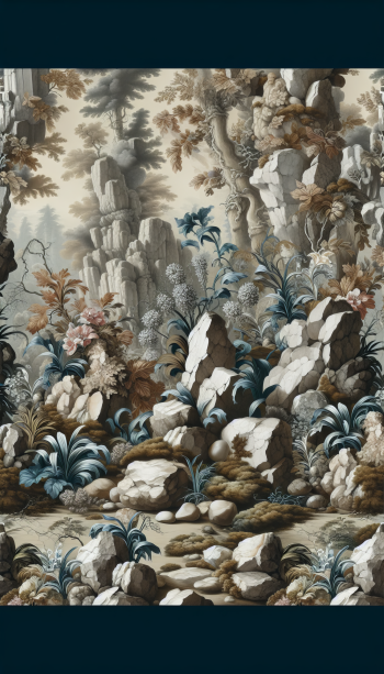 A beautifully detailed rock garden illustration with lush greenery and rocky formations, designed as a phone wallpaper. The composition blends natural elements in soft, earthy tones.