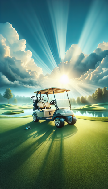 Golf cart on a lush course with sun rays piercing through the clouds - phone wallpaper.