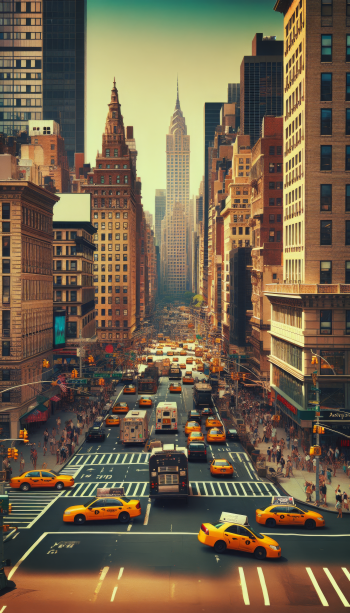 A vibrant New York City street scene features iconic yellow taxis, bustling traffic, and the towering Empire State Building, set against a cityscape that captures urban energy.