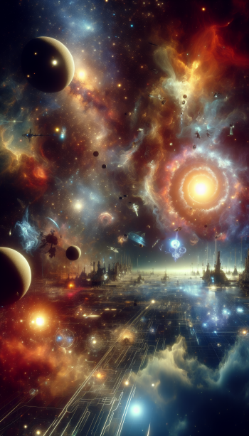 Colorful space opera-themed phone wallpaper featuring an imaginative cosmic scene with vibrant nebulae, planets, and futuristic structures.
