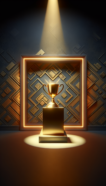 Stylish success-themed phone wallpaper featuring a glowing trophy framed by a golden geometrical design.