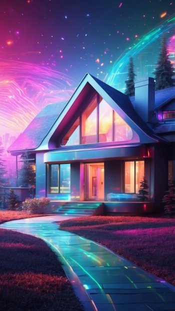 Futuristic house with neon lights wallpaper for phone.