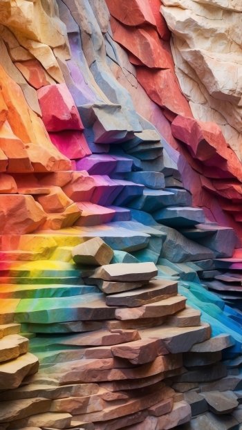Color spectrum wallpaper featuring a vibrant arrangement of rocks in various hues, transitioning from warm reds to cool blues, with a radiant rainbow effect cascading down.