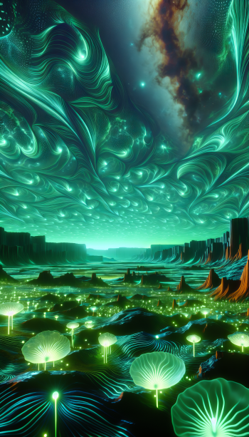 Futuristic alien planet landscape phone wallpaper with neon green celestial patterns and glowing foliage.