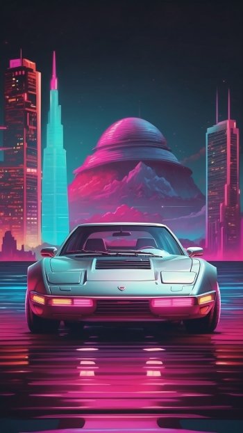 Retro-futuristic car with neon cityscape and planet backdrop phone wallpaper.