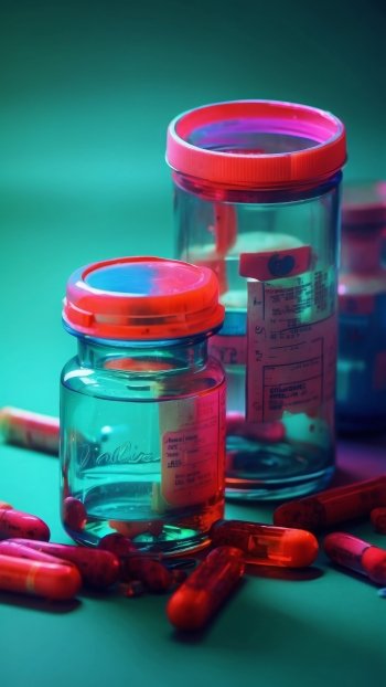 Medicine-themed phone wallpaper featuring colorful pill bottles and capsules on a teal background.
