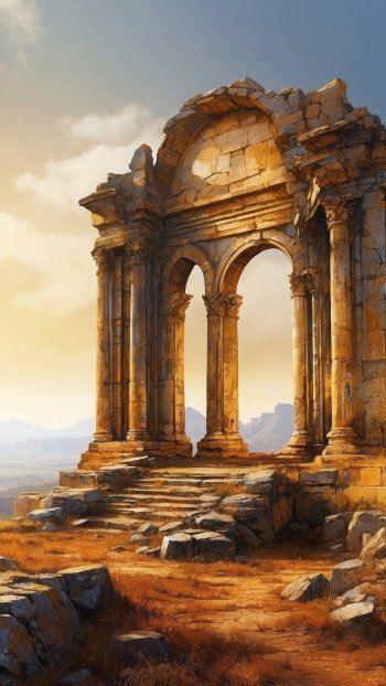 Ancient Roman ruin arches at sunset, scenic phone wallpaper