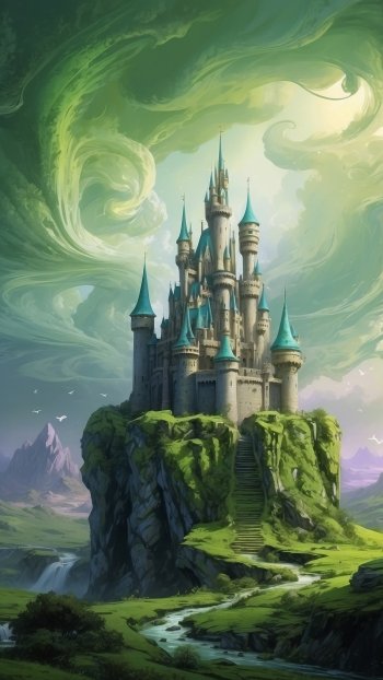 A majestic fantasy castle with towering spires sits atop a rugged hill, surrounded by swirling clouds and a serene landscape, making for an enchanting phone wallpaper.