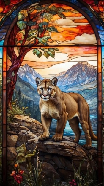 Stained glass style mountain lion wallpaper featuring a majestic mountain lion standing on a rocky ledge with a colorful autumnal tree and mountainous landscape in the background.