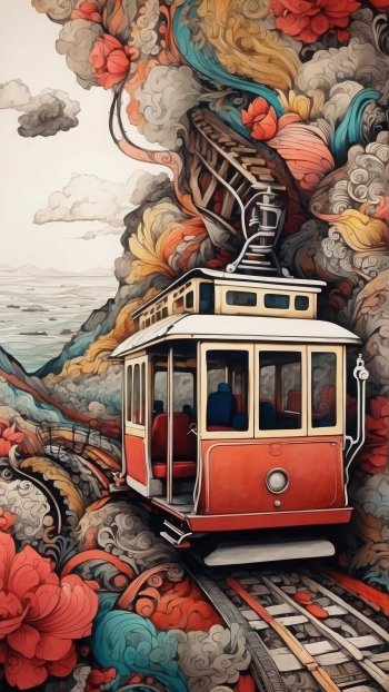 Illustration of a vintage cable car amidst colorful clouds for phone wallpaper.