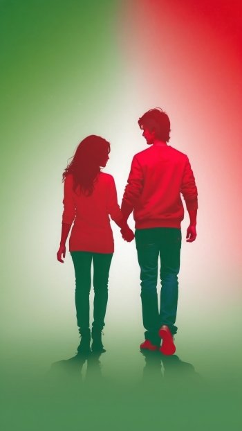 Silhouette of a couple holding hands, walking together against a backdrop of green and red hues, capturing the essence of friendship. This uplifting design makes a great phone wallpaper.