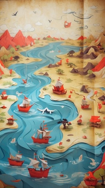 Stylized treasure map illustration featuring rivers, sailing ships, and mountains, designed as a phone wallpaper.
