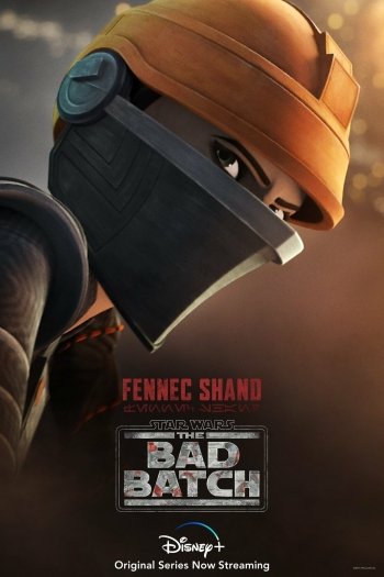 Star Wars: The Bad Batch Fennec Shand character phone wallpaper with logo, now streaming on Disney+.