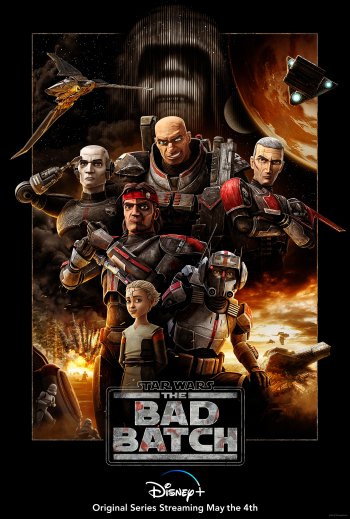 Phone wallpaper of Star Wars: The Bad Batch TV show featuring the main characters with the logo, streaming on Disney+, set against a dynamic space battle background.