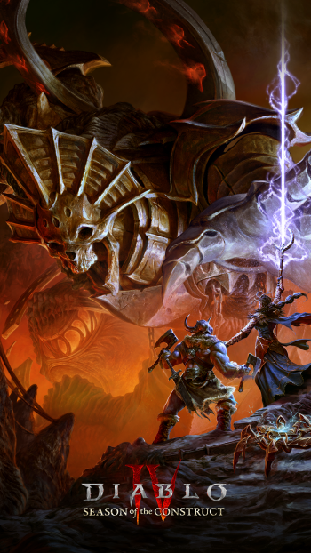 Diablo IV Season of the Construct phone wallpaper featuring dramatic artwork with a warrior facing off against a monstrous creature.