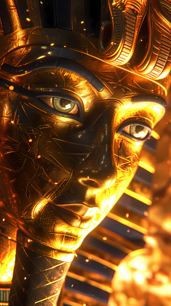 A stunning phone wallpaper featuring a golden, ancient Egyptian pharaoh's face, radiating mystic energy and highlighting intricate details of its majestic design.