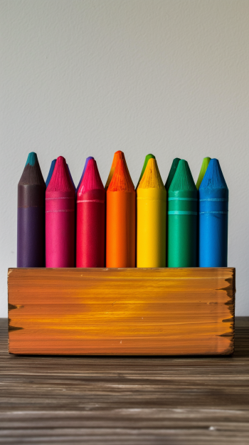 Colorful crayons lined up on a wooden surface against a neutral background, suitable as a creative phone wallpaper.