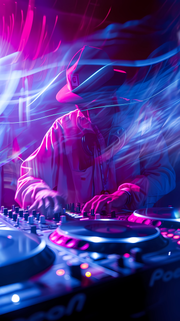 Dynamic DJ in flow at a nightclub party with vibrant music vibes - ideal phone wallpaper