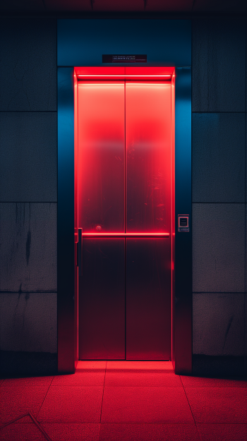 Red neon-lit elevator doors for phone wallpaper, evoking a futuristic vibe.