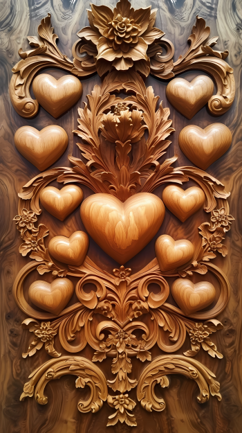 Ornamental wood carving featuring intertwined hearts and floral motifs, beautifully designed for a striking phone wallpaper.