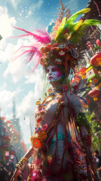 Fantasy-themed phone wallpaper depicting a colorful spring parade with a sorceress in elaborate costume and headdress.