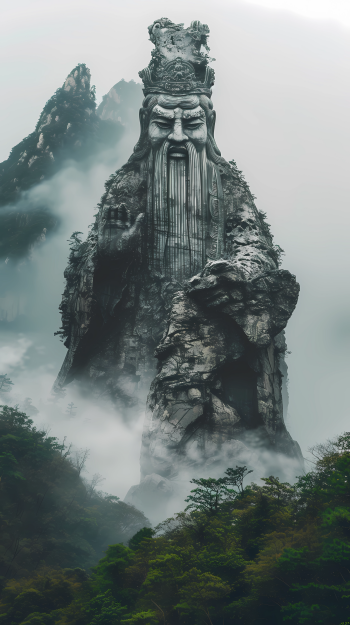 A towering statue shrouded in mist, blending fantasy and nature, set against a dramatic landscape in Asia. This captivating image makes an enchanting phone wallpaper.