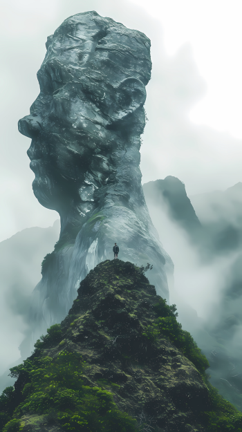 A towering statue emerges from misty mountains, blending fantasy and nature. A lone figure stands on a rocky peak, surrounded by lush greenery and ethereal fog.