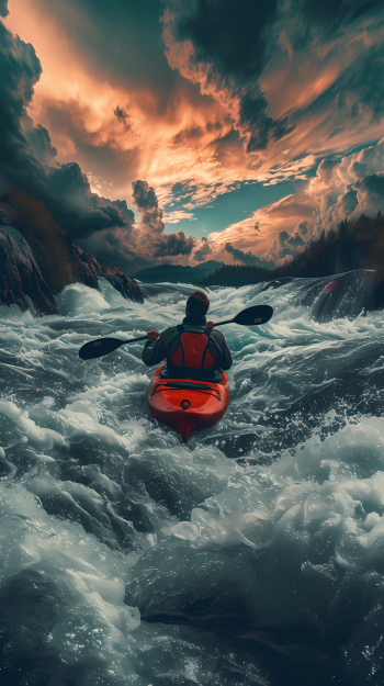 Dynamic phone wallpaper featuring a person kayaking on a turbulent river with a dramatic sunset sky in the background, embodying the thrill of nature and adventure sports.