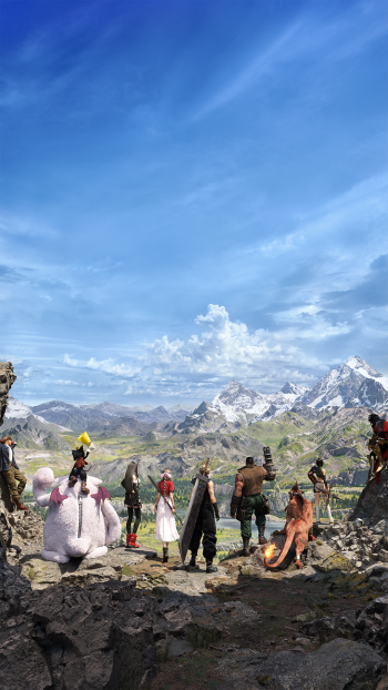 Final Fantasy VII Rebirth video game characters assembled as a team in a scenic mountainous backdrop, designed as a vibrant phone wallpaper.