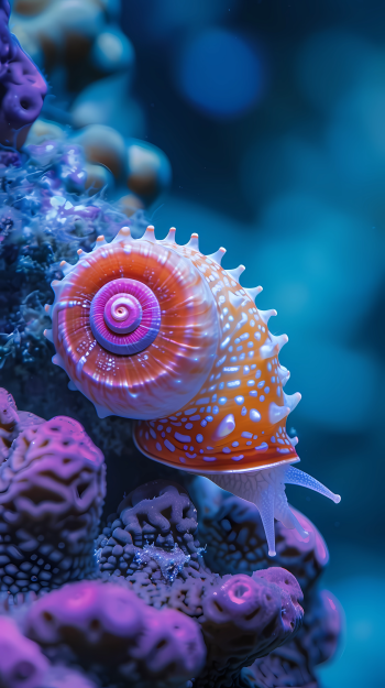 A vibrant sea snail glides over colorful coral in the depths of the ocean, showcasing the beauty of underwater nature in this stunning phone wallpaper.