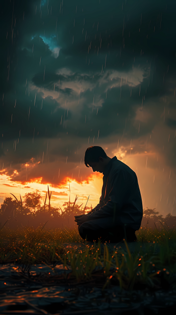 Man in prayer during a rainstorm at sunset phone wallpaper.