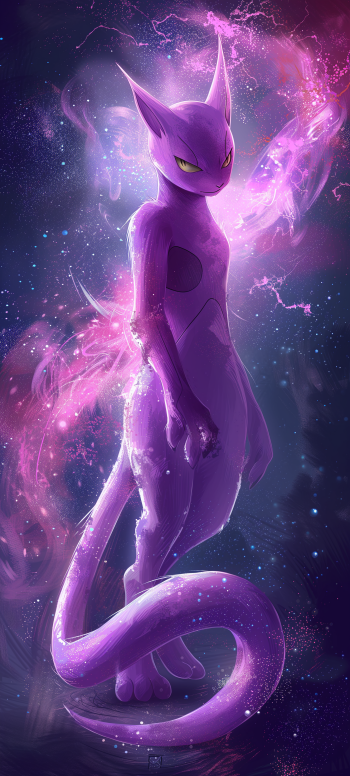 A striking phone wallpaper featuring Mewtwo, the iconic Pokémon, surrounded by a cosmic blend of purples and pinks, exuding an aura of power and mystery.