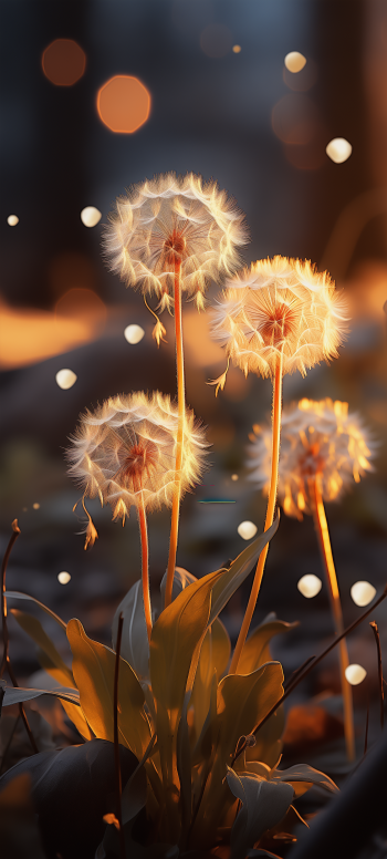 A close-up of glowing dandelions, their delicate seeds illuminated, creating a whimsical and serene phone wallpaper that's enchanting and vibrant.