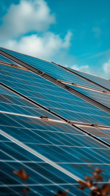 Close-up of solar panels with blue sky background for eco-friendly phone wallpaper.