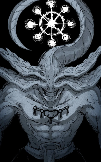 Jujutsu Kaisen themed phone wallpaper featuring the formidable Mahoraga with a mystical symbol in the background.
