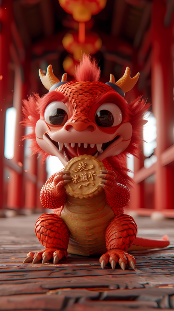 A cute red Chinese dragon cheerfully holds a fortune cookie, set against a vibrant corridor adorned with lanterns, creating a delightful phone wallpaper.