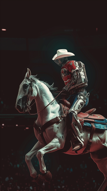 A striking phone wallpaper featuring a robot cowboy in a white hat riding a powerful horse, embodying the spirit of rodeo with a futuristic twist.