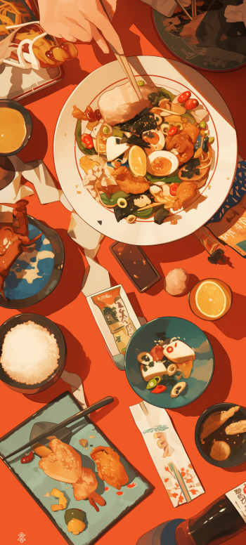 AI-generated art of an assortment of Chinese food dishes arranged on a table, created as a vibrant phone wallpaper.