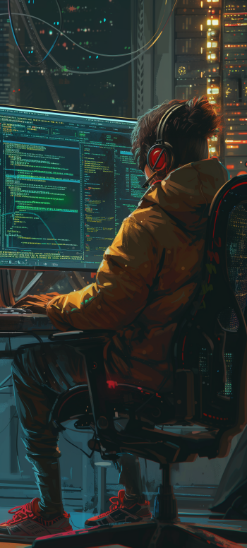 A coder wearing headphones types at a desk illuminated by screens displaying code, set against a futuristic cityscape. This vibrant phone wallpaper embodies technology and creativity.