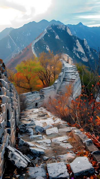 The Great Wall of China, in ruins and surrounded by vibrant autumn foliage, stretches through rugged mountains, creating a stunning phone wallpaper scene.