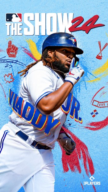 A vibrant phone wallpaper from MLB The Show 24 features a batter in a blue jersey, striking a pose against a colorful background filled with baseball-themed graphics.