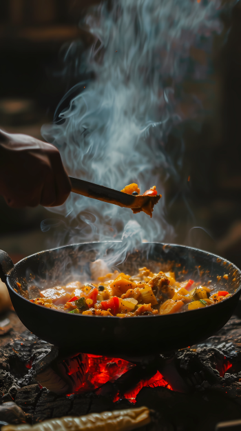 Spicy curry cooking over open fire with steam rising for a culinary phone wallpaper