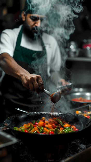A chef skillfully sprinkles spices into a sizzling pan of vibrant vegetables, embodying the art of Indian curry cooking amidst fragrant steam and culinary passion.