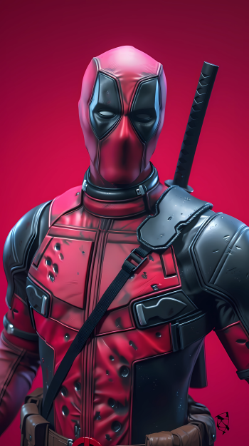 Deadpool fan art phone wallpaper featuring the iconic superhero in his classic red and black suit against a red background.