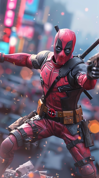 A dynamic phone wallpaper featuring Deadpool in his iconic red and black suit, poised with a playful stance amidst a vibrant urban backdrop, showcasing stunning fan art.