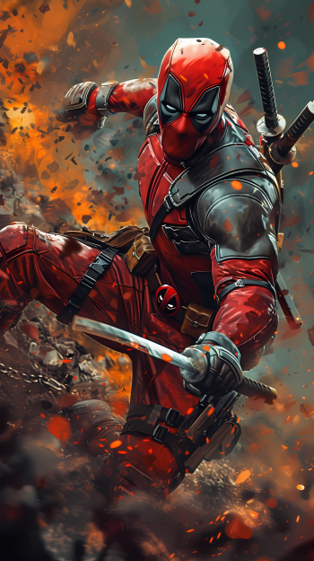Dynamic Deadpool fan art suitable for phone wallpaper showcasing the character in action with a fiery explosion background.
