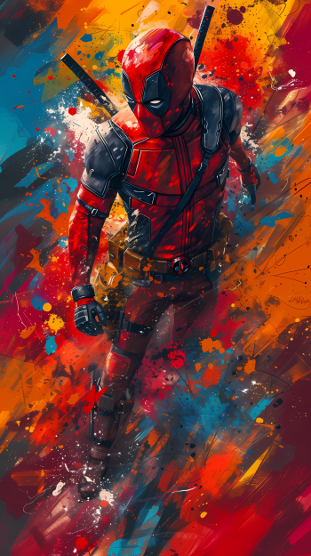 Vibrant Deadpool fan art phone wallpaper with dynamic splashes of color.
