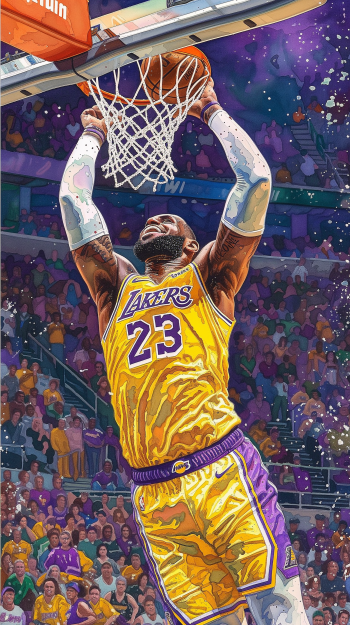 LeBron James performs an electrifying slam dunk in a dynamic NBA scene, captured in vibrant colors, showcasing his Lakers jersey and the excitement of basketball fans.