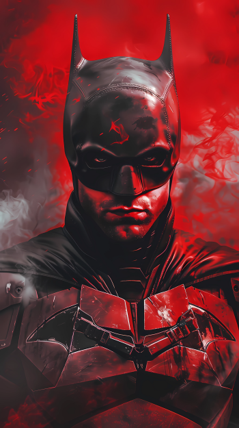 Batman fan art phone wallpaper featuring an intense close-up of the caped crusader with a striking red background.